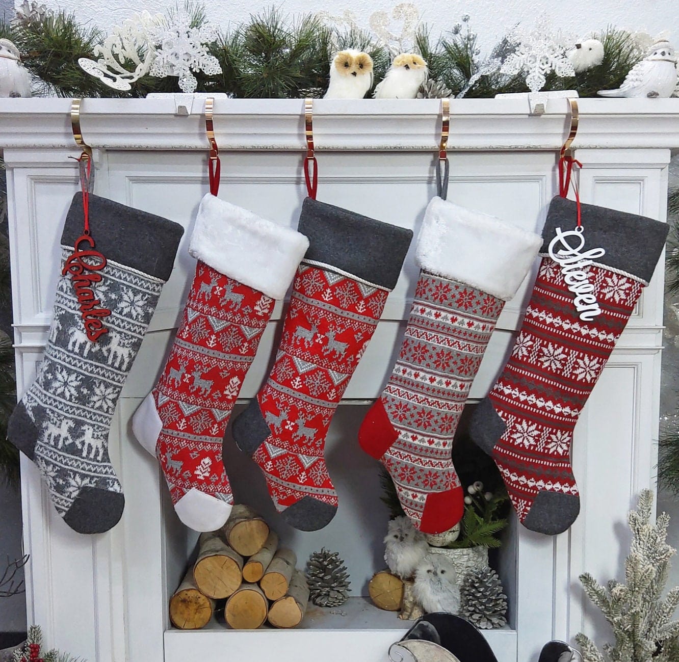 CHRISTMAS STOCKINGS 21 Inch Nordic Knit Stockings Personalized Embroidered or with Cutout Wood Name Tag Christmas Stockings Family Xmas 2022