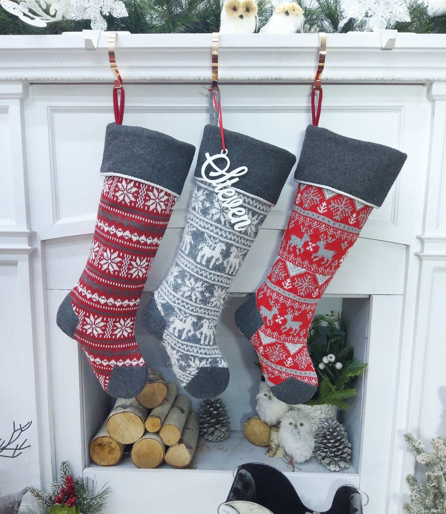CHRISTMAS STOCKINGS 21 Inch Nordic Knit Stockings Personalized Embroidered or with Cutout Wood Name Tag Christmas Stockings Family Xmas 2022