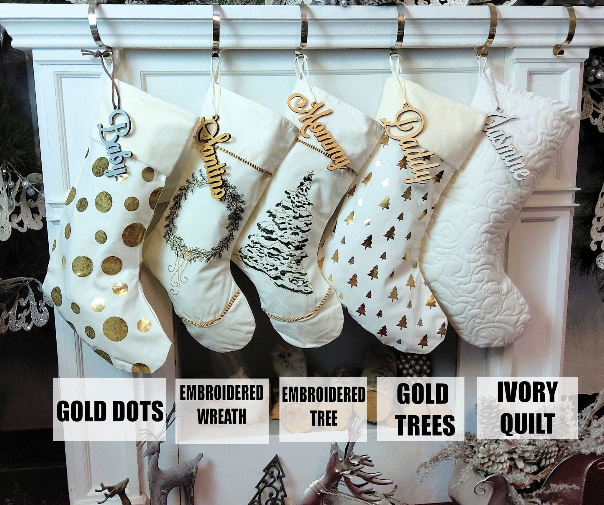 CHRISTMAS STOCKINGS 22" Ivory Gold Personalized Christmas Stockings Gold and Green Accents Embroidered or Cutout Wood Name Tag -Custom Xmas Stocking Decor