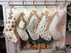 CHRISTMAS STOCKINGS 22" Ivory Gold Personalized Christmas Stockings Gold and Green Accents Embroidered or Cutout Wood Name Tag -Custom Xmas Stocking Decor