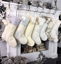 CHRISTMAS STOCKINGS 22" Ivory White Personalized Christmas Stockings Gold Silver Grey Knit Plush Embroidered or Cutout Wood Name Tag -Custom Xmas Stocking Decor