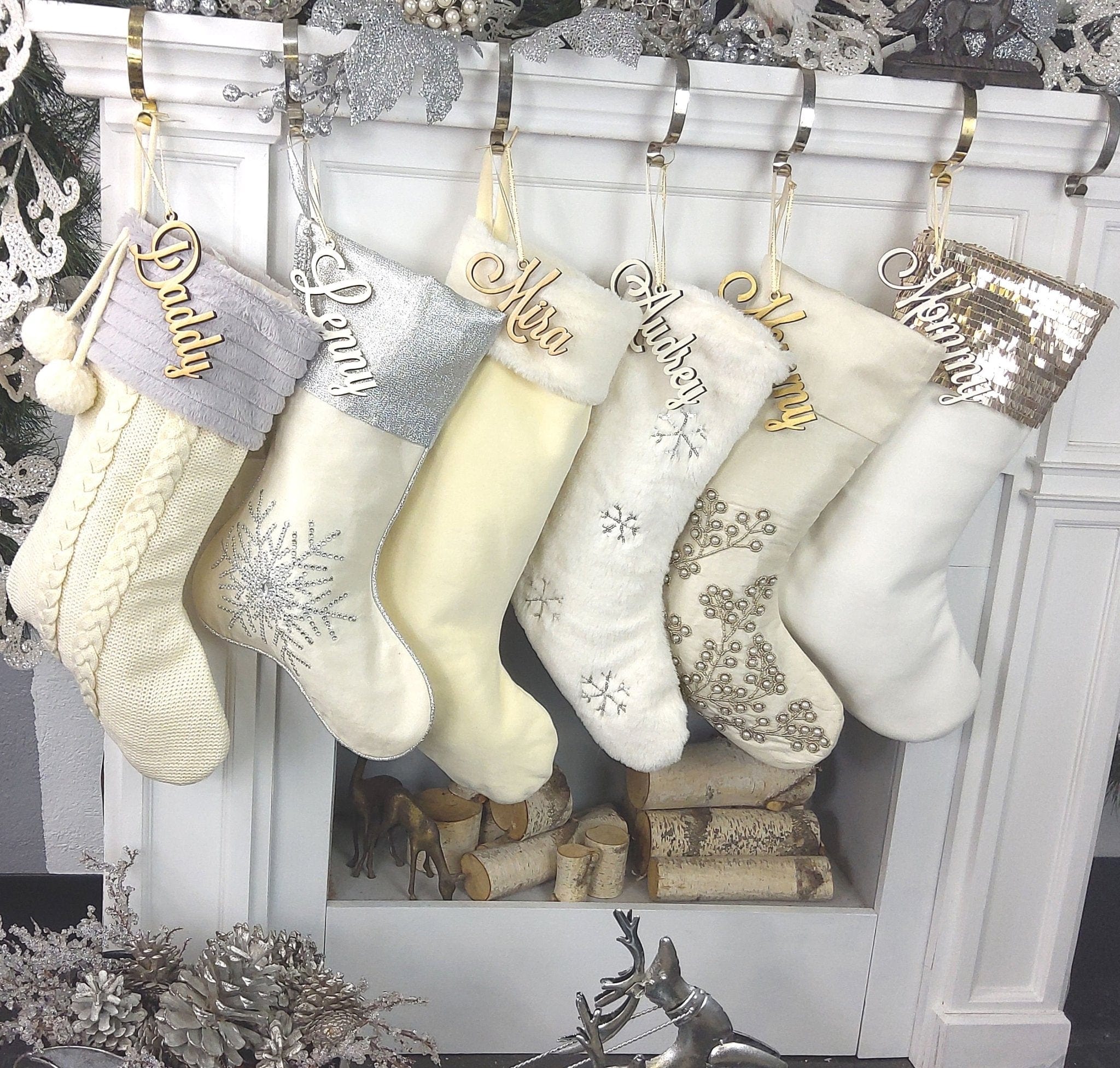 CHRISTMAS STOCKINGS 22" Ivory White Personalized Christmas Stockings Gold Silver Grey Knit Plush Embroidered or Cutout Wood Name Tag -Custom Xmas Stocking Decor