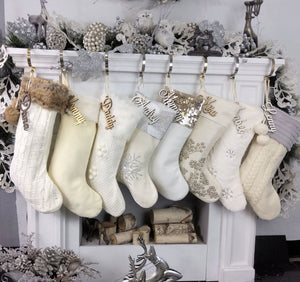 CHRISTMAS STOCKINGS 22" Ivory White Personalized Christmas Stockings Gold Silver Grey Knit Plush Embroidered or Cutout Wood Name Tag -Custom Xmas Stocking Decor