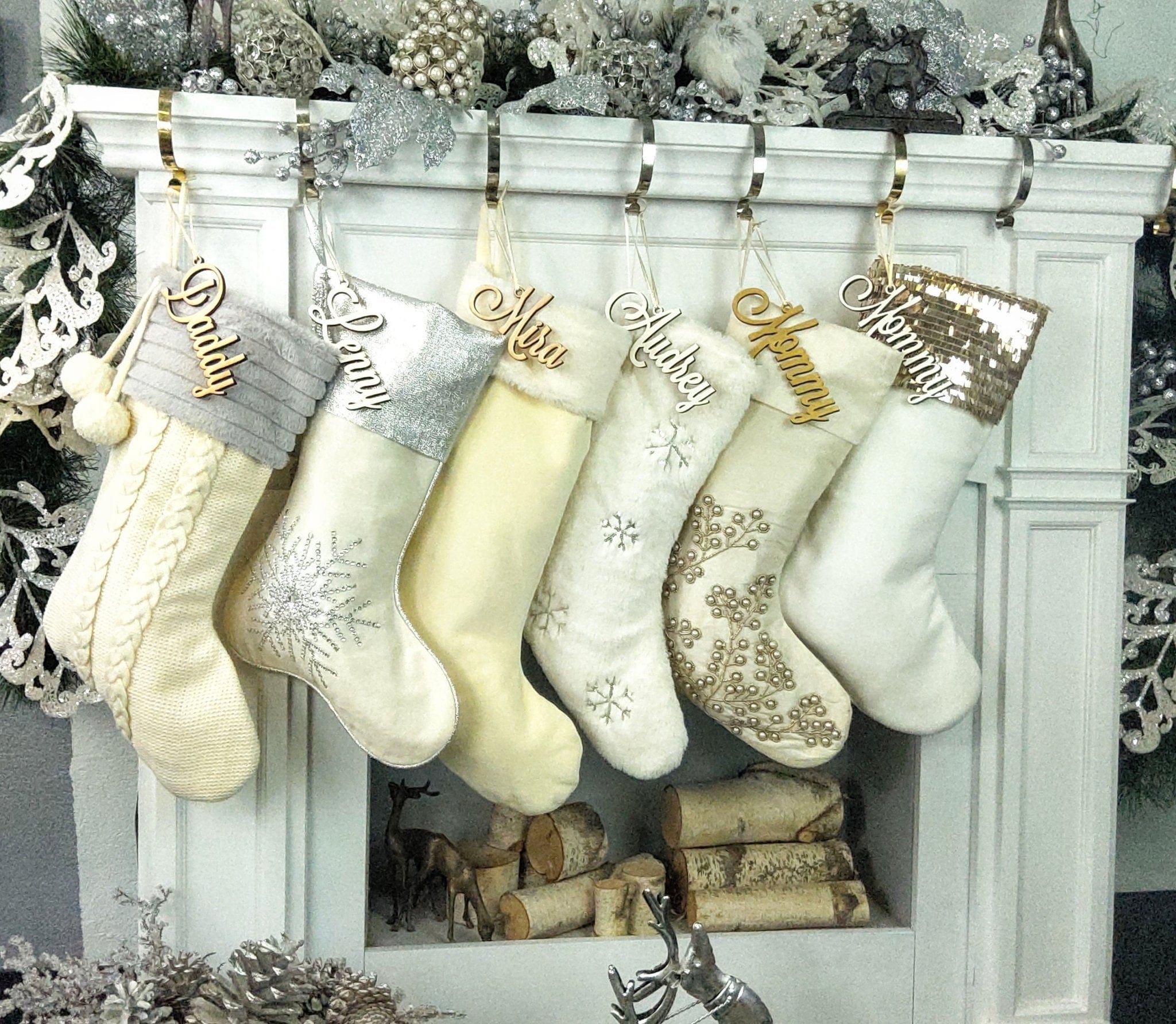 CHRISTMAS STOCKINGS 22" Ivory White Personalized Christmas Stockings Gold Silver Grey Knit Plush Embroidered or Cutout Wood Name Tag -Custom Xmas Stocking Decor