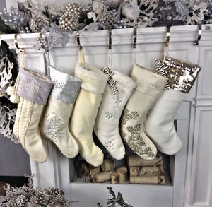 CHRISTMAS STOCKINGS 22" Ivory White Personalized Christmas Stockings Gold Silver Grey Knit Plush Embroidered or Cutout Wood Name Tag -Custom Xmas Stocking Decor
