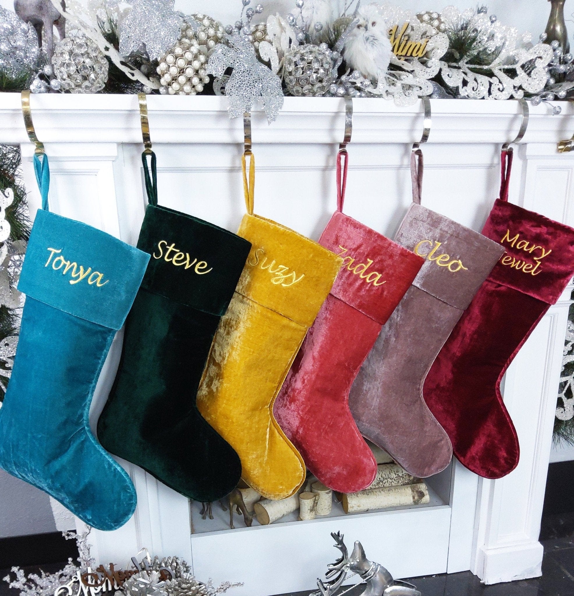 CHRISTMAS STOCKINGS 22" Large Personalized Christmas Stockings - Red Gold Green Silver Sea Foam Velvet Modern Boot - Christmas Stocking Embroidered with Names