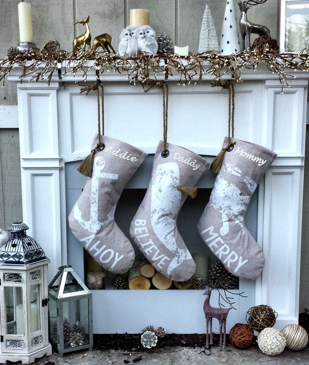 CHRISTMAS STOCKINGS Beach House Cottage Christmas Stockings Anchor Whale Crab White Beige Primitive Coastal Stocking Personalized Embroidered Christmas