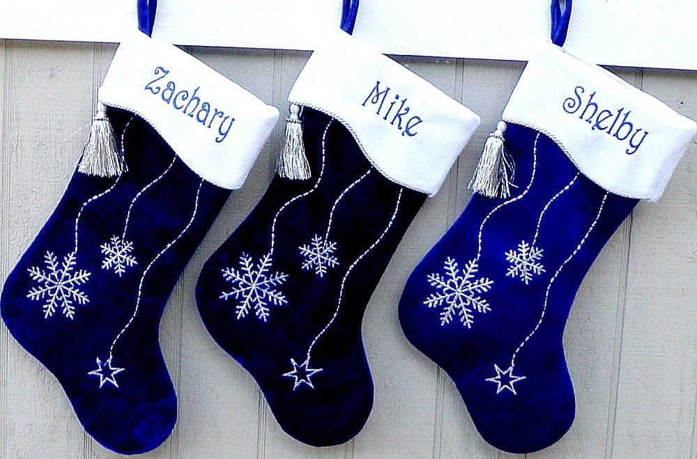 CHRISTMAS STOCKINGS Blue Christmas Stockings Snowflake Hanukkah Bling Snowflake Personalized Stocking Elegant Modern Family Stocking Silver Decor Monogramed