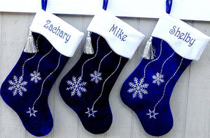 CHRISTMAS STOCKINGS Blue Christmas Stockings Snowflake Hanukkah Bling Snowflake Personalized Stocking Elegant Modern Family Stocking Silver Decor Monogramed