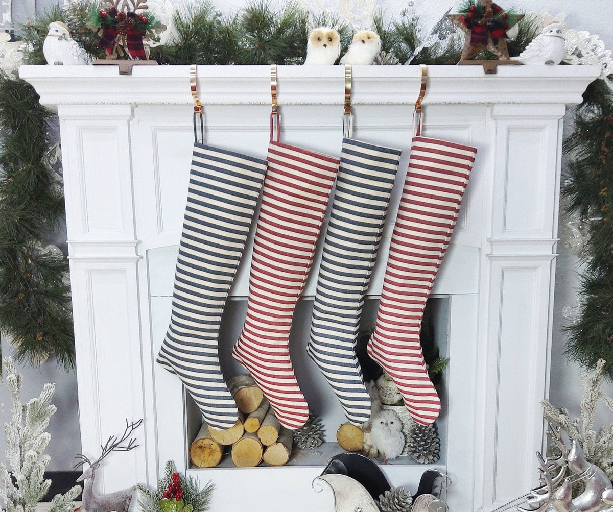CHRISTMAS STOCKINGS Blue Stripe Tassels Blue Cottage Stripe Personalized Christmas Stockings with Wooden Name Tags or Embroidered Customization