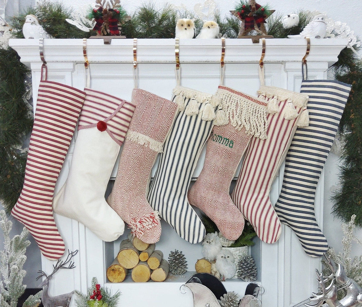CHRISTMAS STOCKINGS Blue Stripe Tassels Blue Cottage Stripe Personalized Christmas Stockings with Wooden Name Tags or Embroidered Customization