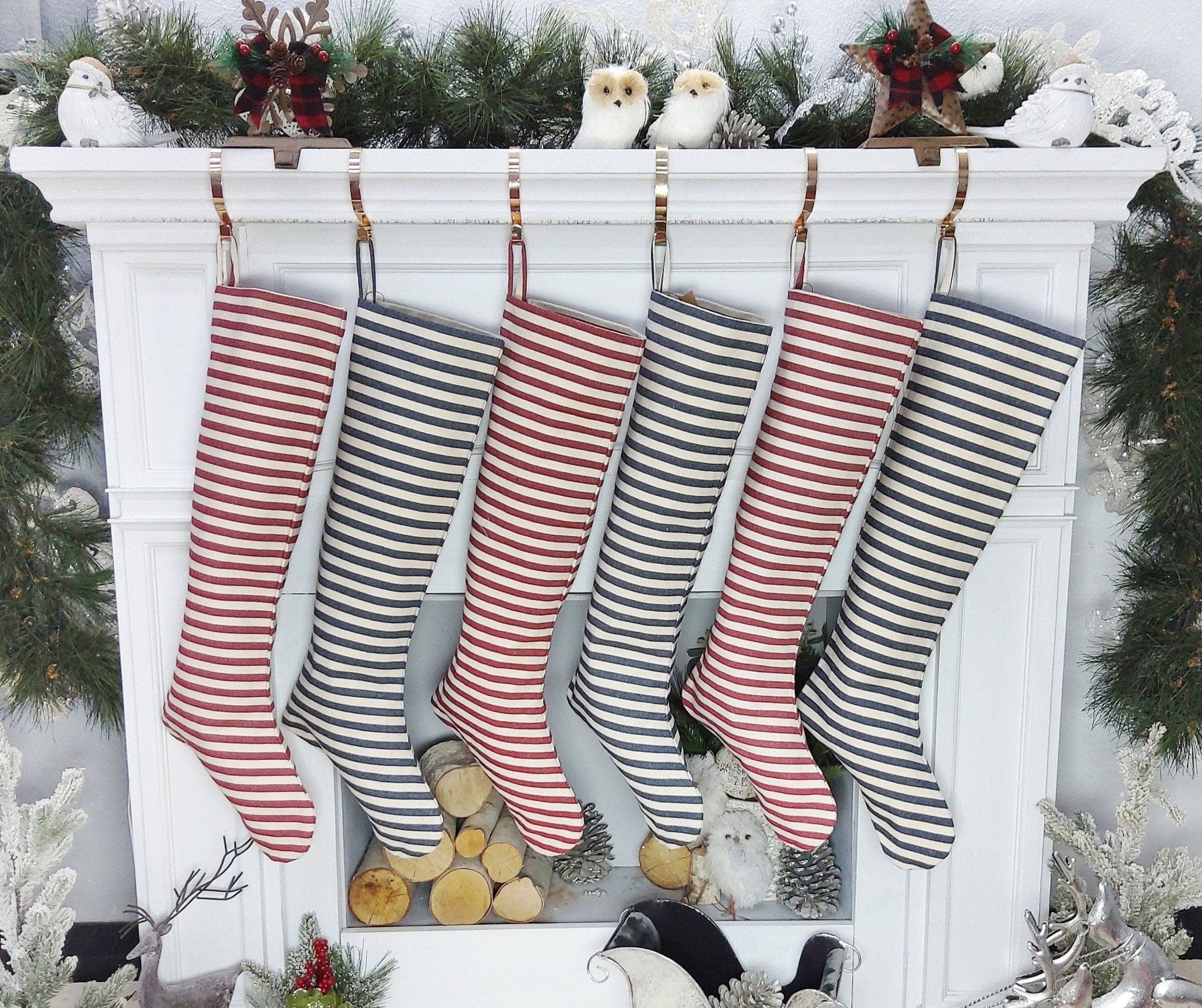 CHRISTMAS STOCKINGS Blue Stripe Tassels Blue Cottage Stripe Personalized Christmas Stockings with Wooden Name Tags or Embroidered Customization