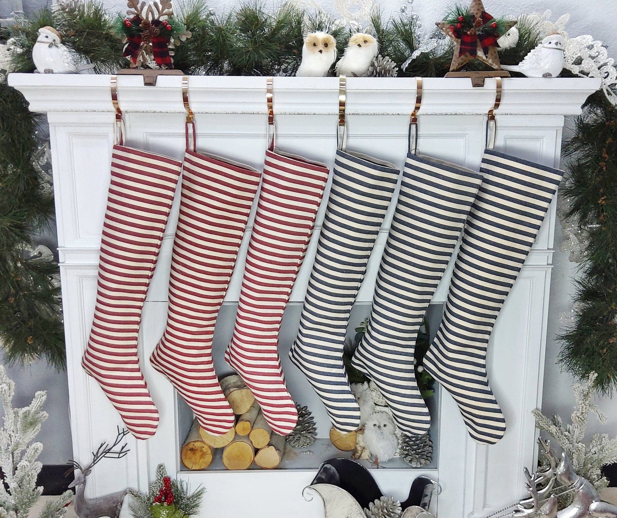 CHRISTMAS STOCKINGS Blue Stripe Tassels Blue Cottage Stripe Personalized Christmas Stockings with Wooden Name Tags or Embroidered Customization