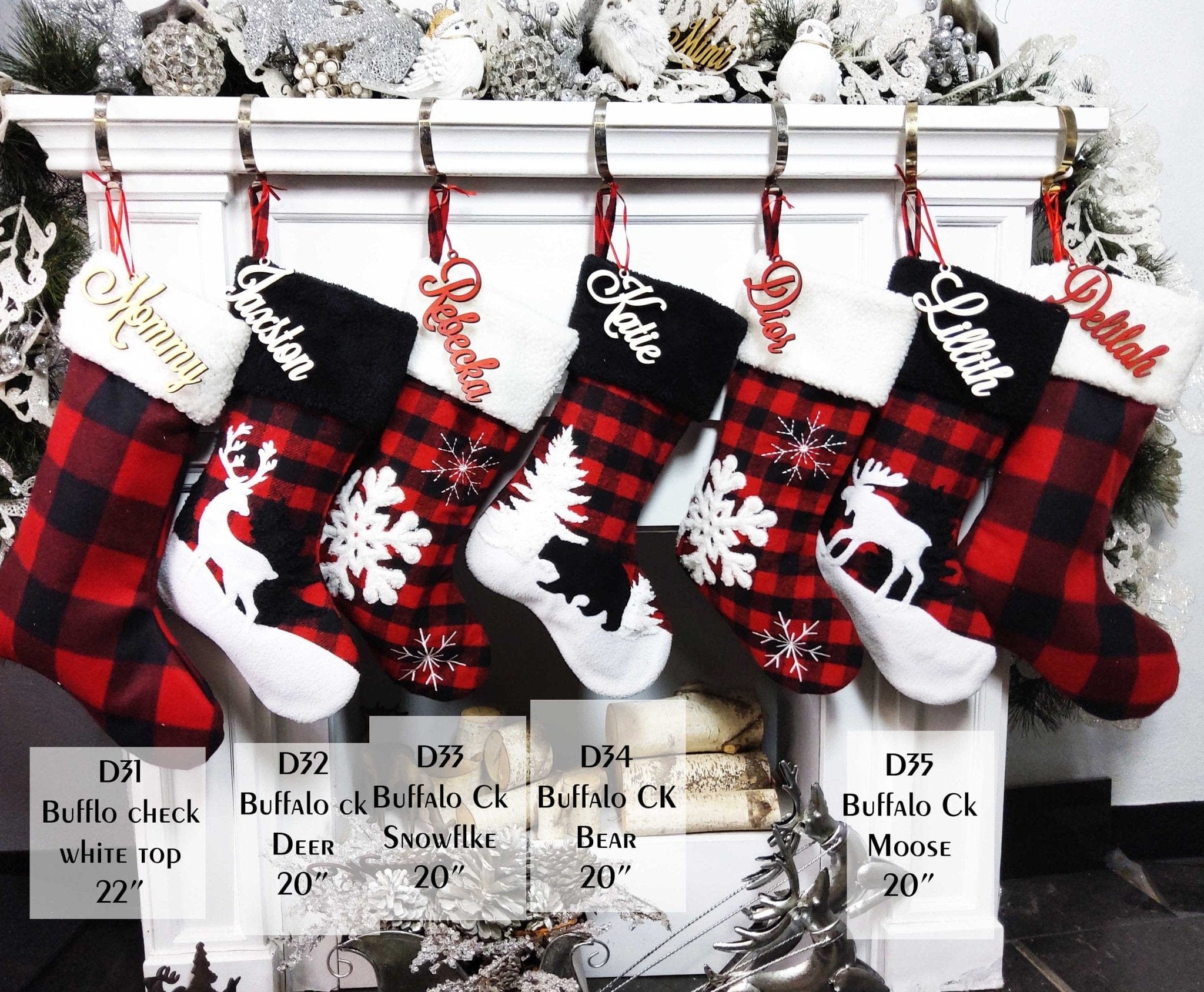 CHRISTMAS STOCKINGS Buffalo Check Plaid Red Black White Faux Fur Lodge Deer Bear Snowflake Personalized Christmas Stockings Family Xmas 2022