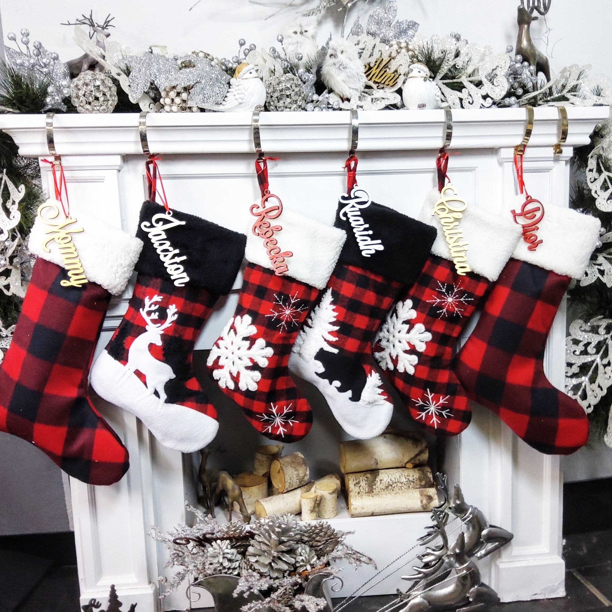 CHRISTMAS STOCKINGS Buffalo Check Plaid Red Black White Faux Fur Lodge Deer Bear Snowflake Personalized Christmas Stockings Family Xmas 2022