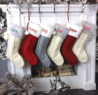 CHRISTMAS STOCKINGS Cable Knit Personalized Christmas Stockings - Plush Top & Pom Poms Name Embroidered - Red White Grey Bone Xmas Decor Family 2019