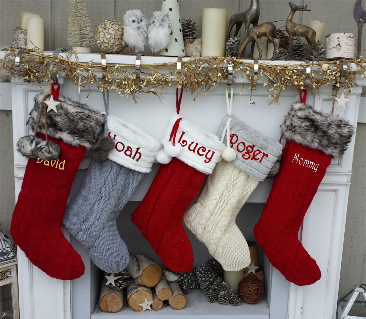 CHRISTMAS STOCKINGS Cable Knit Personalized Christmas Stockings - Plush Top & Pom Poms Name Embroidered - Red White Grey Bone Xmas Decor Family 2019