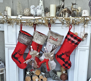 CHRISTMAS STOCKINGS Children's Merry Moose Reindeer Christmas Stockings Embroidered Name Fun Red Gray Black Fur Buffalo Plaid Family Stocking Large Deer