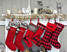 CHRISTMAS STOCKINGS Children's Merry Moose Reindeer Christmas Stockings Embroidered Name Fun Red Gray Black Fur Buffalo Plaid Family Stocking Large Deer