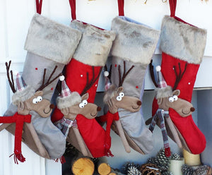 CHRISTMAS STOCKINGS Children's Merry Moose Reindeer Christmas Stockings Embroidered Name Fun Red Gray Black Fur Buffalo Plaid Family Stocking Large Deer