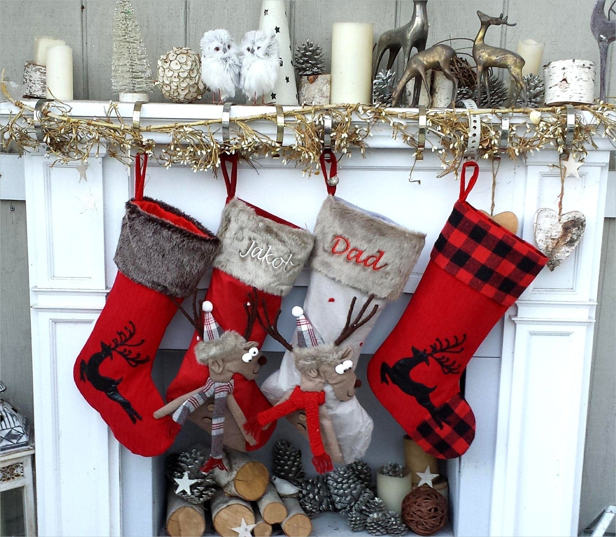 CHRISTMAS STOCKINGS Children's Merry Moose Reindeer Christmas Stockings Embroidered Name Fun Red Gray Black Fur Buffalo Plaid Family Stocking Large Deer