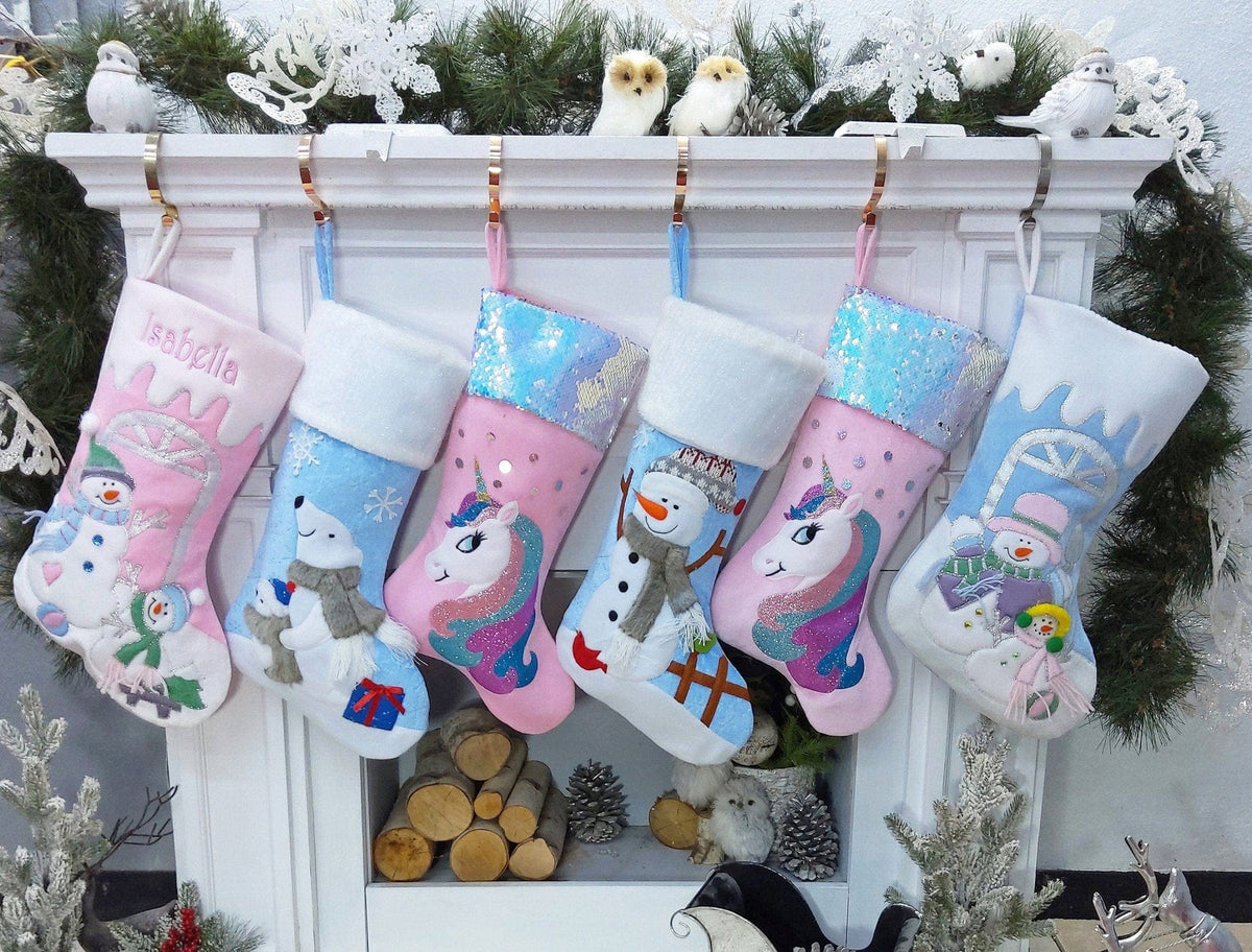 CHRISTMAS STOCKINGS Children's Polar Bear, Baby Snowman, and Unicorn Christmas Snowman Personalized stocking with Applique