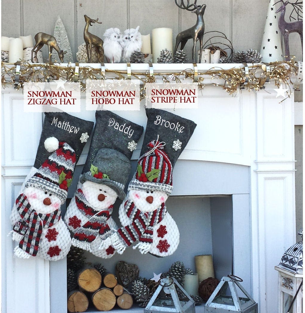 CHRISTMAS STOCKINGS Children's Snowman Personalized Stockings Burgundy Grey Cozy Winter Christmas Stockings for Kids Burgundy Red Gray Snowman Holiday Stockings