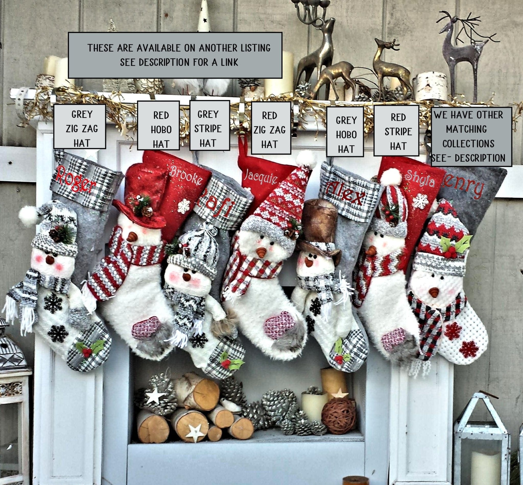 CHRISTMAS STOCKINGS Children's Snowman Personalized Stockings Burgundy Grey Cozy Winter Christmas Stockings for Kids Burgundy Red Gray Snowman Holiday Stockings