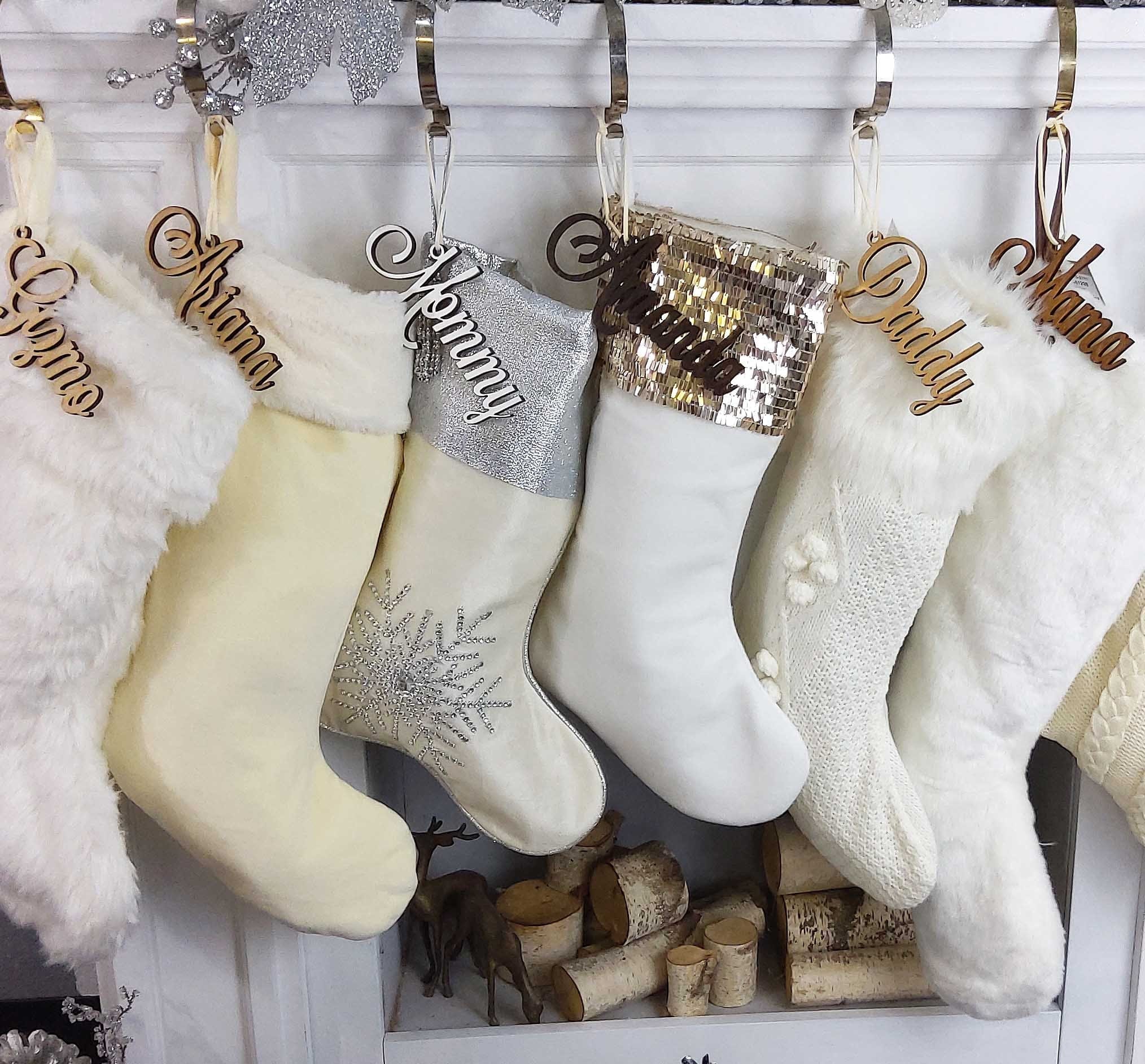 CHRISTMAS STOCKINGS Christmas Stocking Name Tags Personalized Stocking Wood Letters Custom Gold White Name Tags Christmas Rustic Country Farmhouse cutout Modern