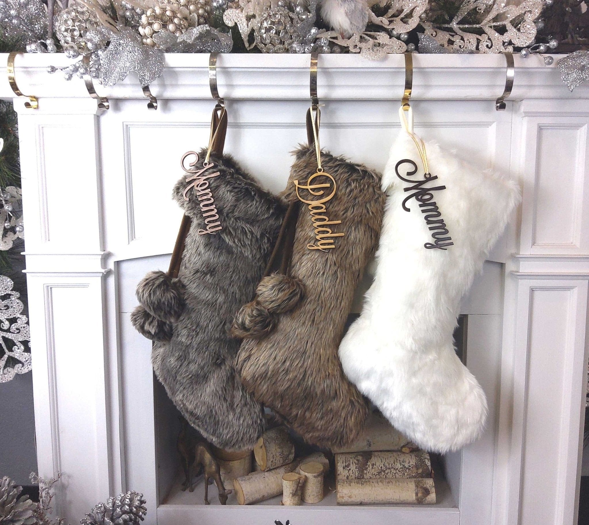 CHRISTMAS STOCKINGS Christmas Stocking Name Tags Personalized Stocking Wood Letters Custom Gold White Name Tags Christmas Rustic Country Farmhouse cutout Modern