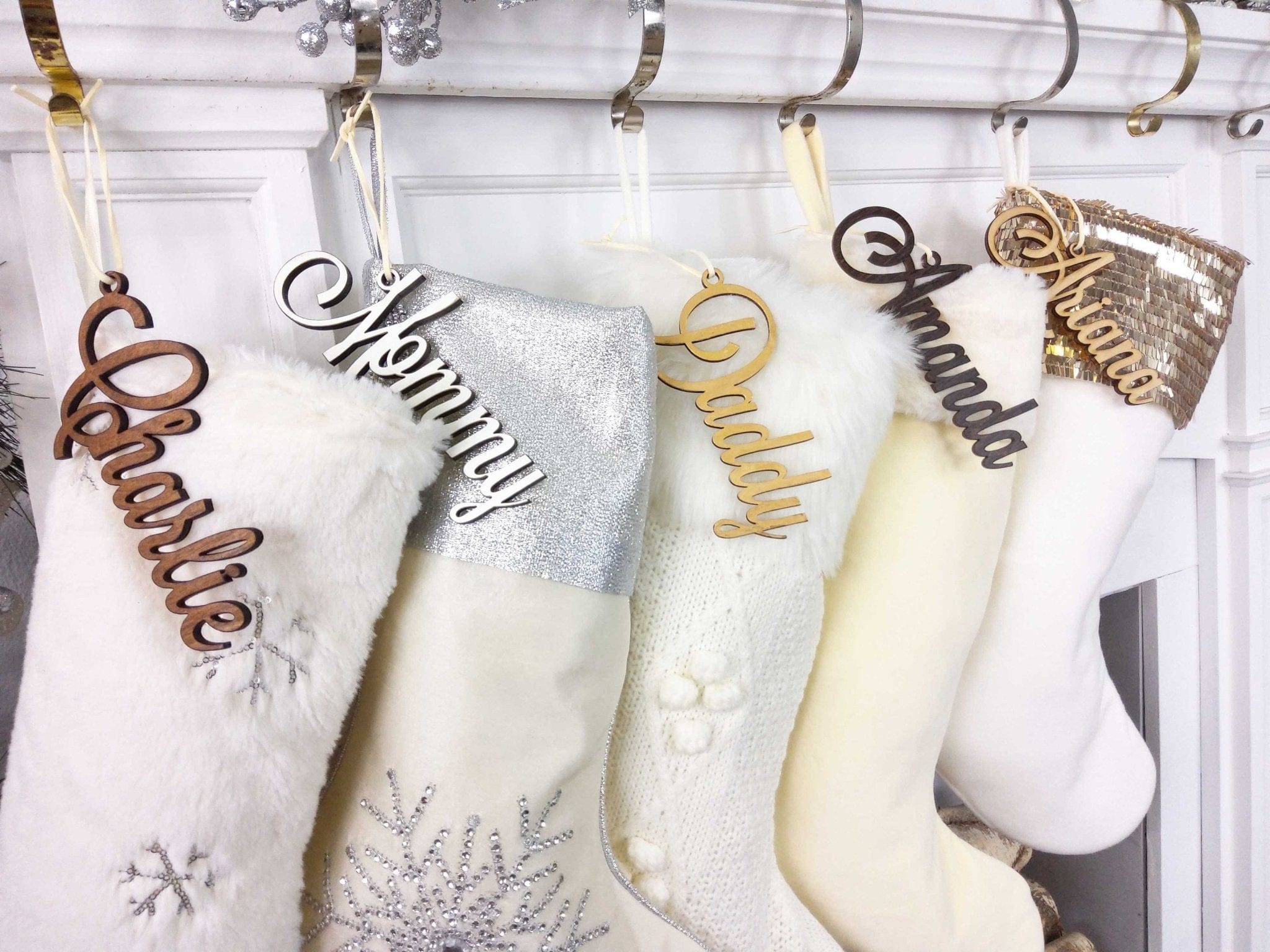 CHRISTMAS STOCKINGS Christmas Stocking Name Tags Personalized Stocking Wood Letters Custom Gold White Name Tags Christmas Rustic Country Farmhouse cutout Modern