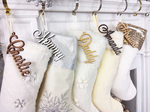 CHRISTMAS STOCKINGS Christmas Stocking Name Tags Personalized Stocking Wood Letters Custom Gold White Name Tags Christmas Rustic Country Farmhouse cutout Modern
