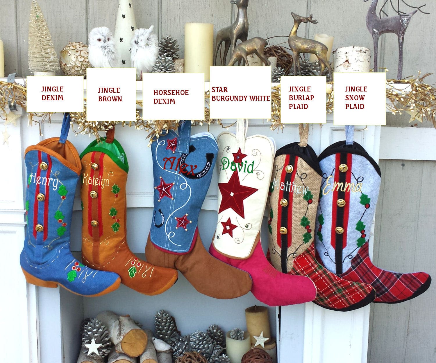 CHRISTMAS STOCKINGS Cowboy Boot Christmas Stockings Country Western Personalized with Embroidered Names or Monogram for Cowboys or Cowgirls