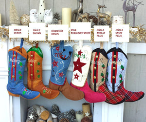 CHRISTMAS STOCKINGS Cowboy Boot Christmas Stockings Country Western Personalized with Embroidered Names or Monogram for Cowboys or Cowgirls