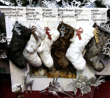 CHRISTMAS STOCKINGS Dark Grey 20" 21" 23" Faux Fur Christmas Stockings Ivory Brown Grey Personalized with Cutout Wood Name Tag PomPoms Lodge Woodland Custom Xmas Decor
