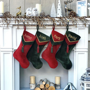 CHRISTMAS STOCKINGS Designer Velvet Christmas Stockings V-Cuff Tassel - Custom Embroidered with Names