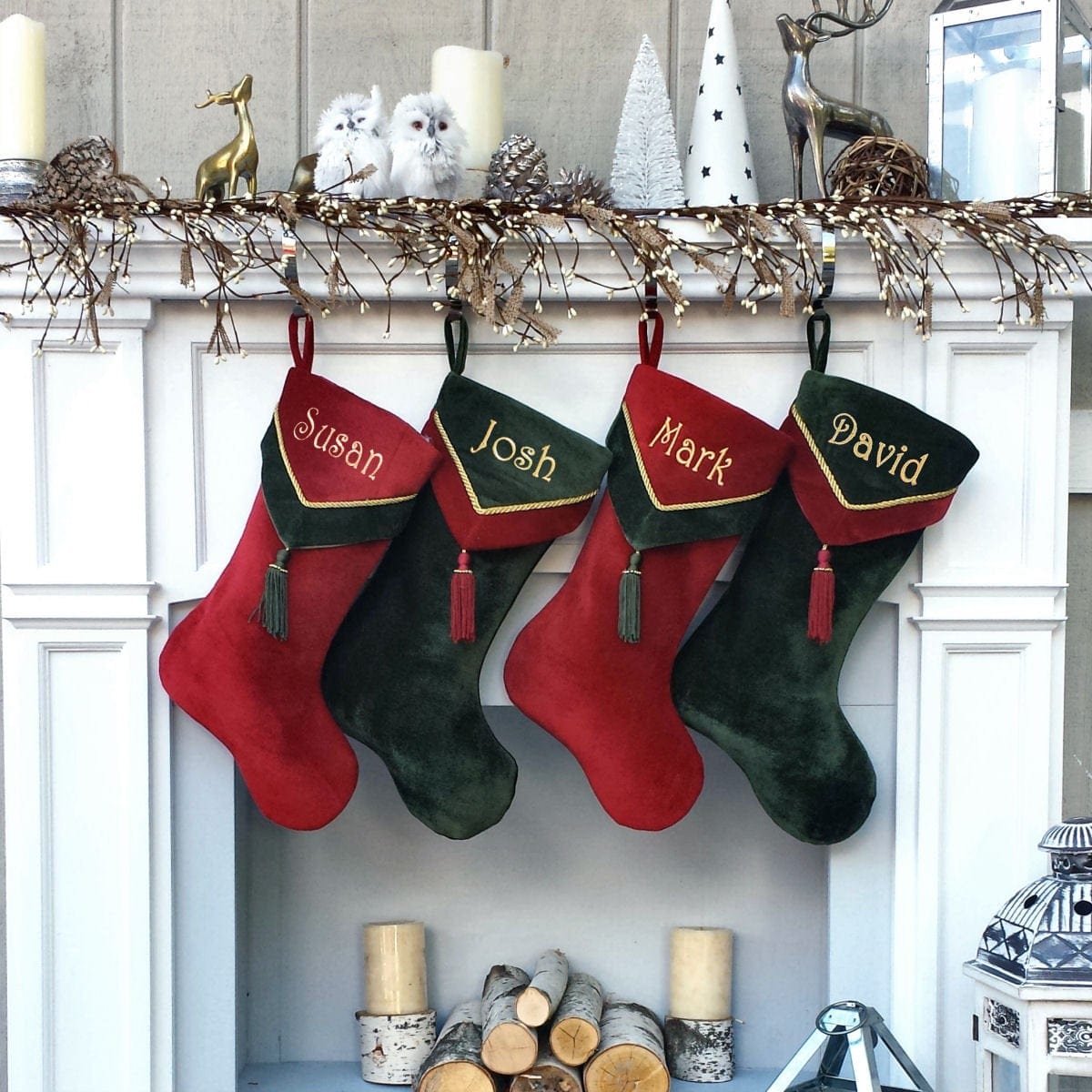 CHRISTMAS STOCKINGS Designer Velvet Christmas Stockings V-Cuff Tassel - Custom Embroidered with Names