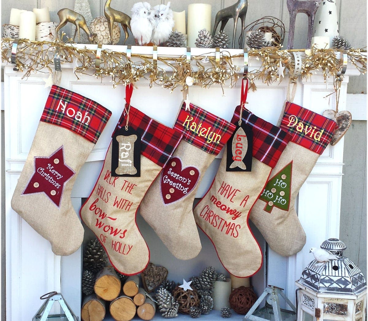 CHRISTMAS STOCKINGS Dog Bone  Cat Fish Tag Personalized Tartan Burlap Dog Christmas Stockings Embroidered Personalized Cat Stocking Pet Custom Embroidered Name