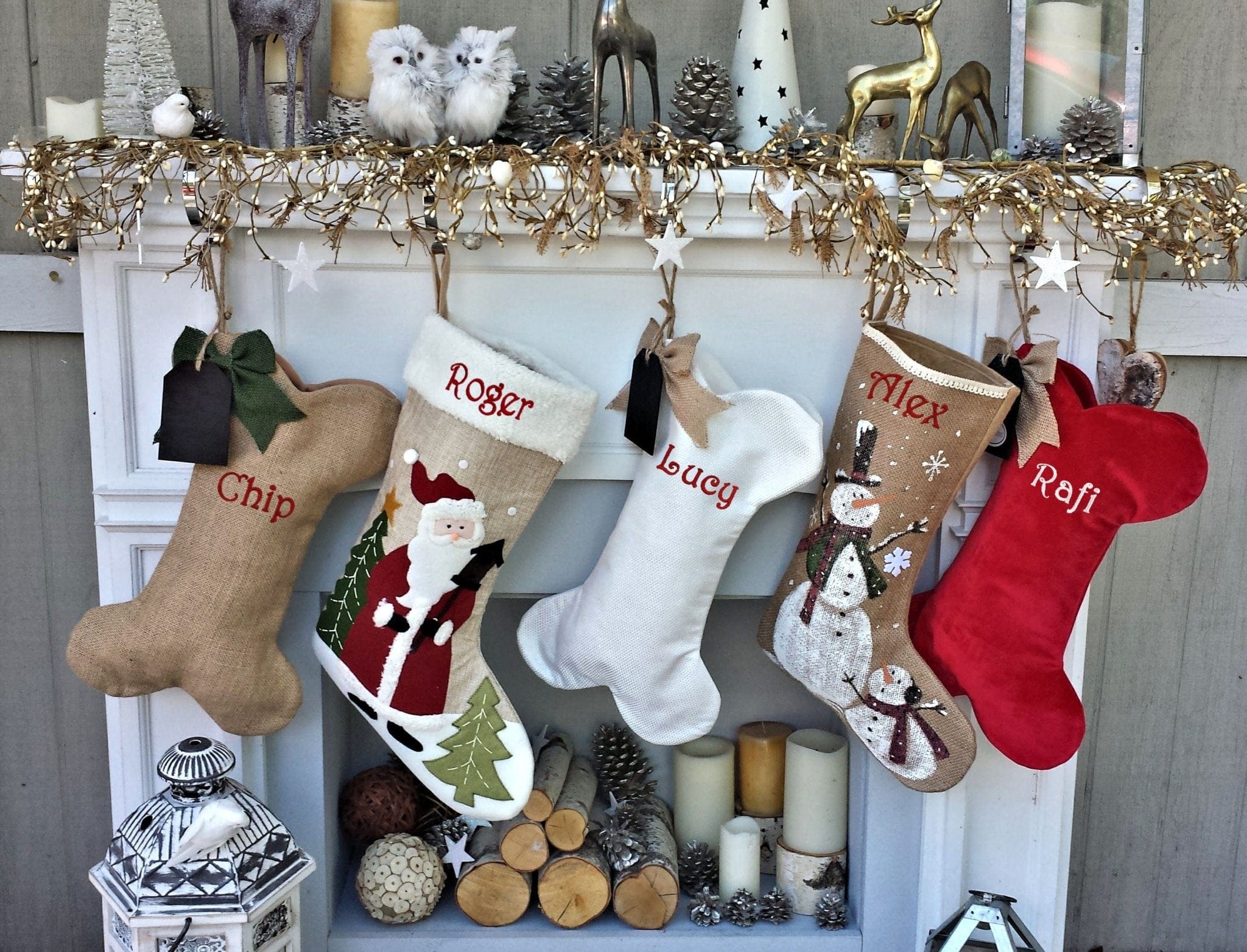 CHRISTMAS STOCKINGS Dog Bone Christmas Stockings Christmas Decor Embroidered Personalized Holiday Pet with Bone Customized Embroidered with Dog's Name