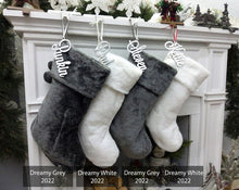 CHRISTMAS STOCKINGS DreamyGrey-2022 20" 21" 23" Faux Fur Christmas Stockings Ivory Brown Grey Personalized with Cutout Wood Name Tag PomPoms Lodge Woodland Custom Xmas Decor