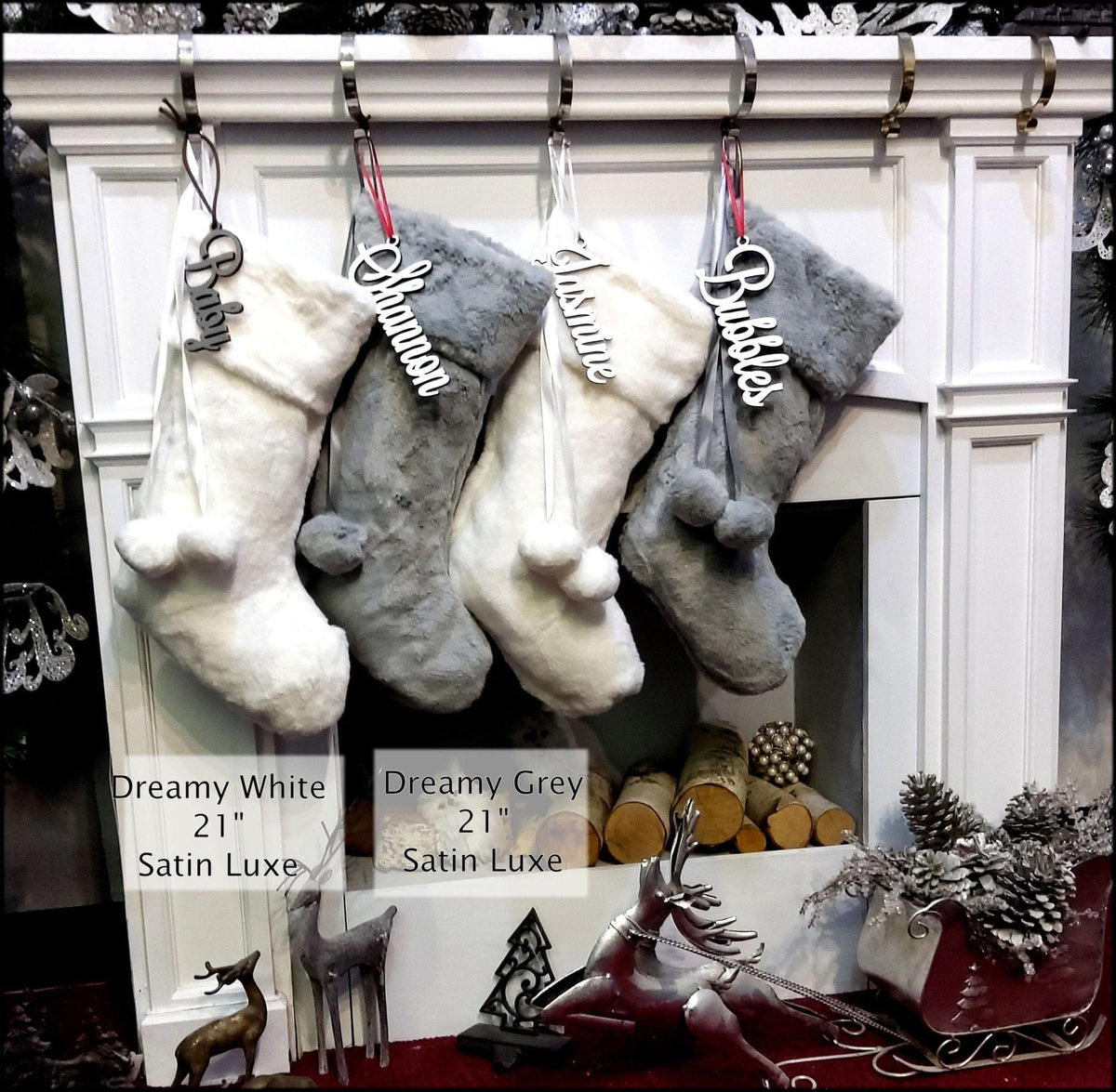 CHRISTMAS STOCKINGS DreamyWhite 20" 21" 23" Faux Fur Christmas Stockings Ivory Brown Grey Personalized with Cutout Wood Name Tag PomPoms Lodge Woodland Custom Xmas Decor