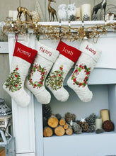 CHRISTMAS STOCKINGS Embroidered Christmas Stockings Heirloom Linen Designer Embellished Christmas Tree Wreath White Ribbon Beads Stocking