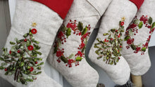 CHRISTMAS STOCKINGS Embroidered Christmas Stockings Heirloom Linen Designer Embellished Christmas Tree Wreath White Ribbon Beads Stocking