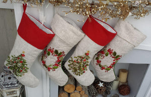 CHRISTMAS STOCKINGS Embroidered Christmas Stockings Heirloom Linen Designer Embellished Christmas Tree Wreath White Ribbon Beads Stocking