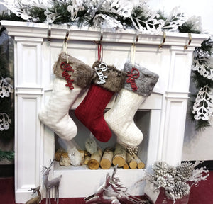 CHRISTMAS STOCKINGS Faux Fur Cuff Cable Knit Christmas Stockings Ivory Brown Grey Personalized with Cutout Wood Name Tag Custom Xmas 2021 Stocking Decor