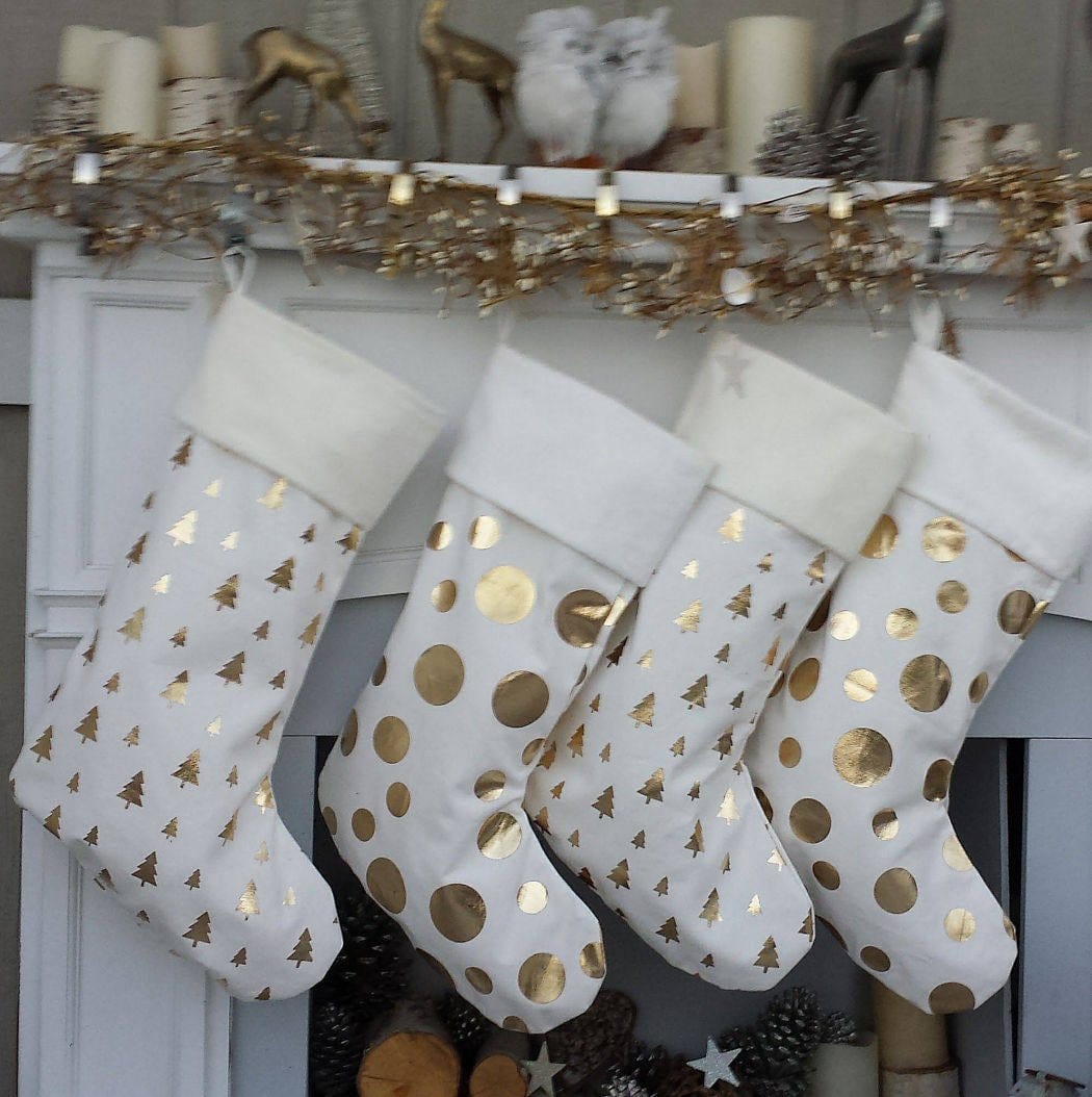 CHRISTMAS STOCKINGS Glam Dots Trees GOLD FOIL Ivory White Elegant Christmas Stockings - Personalized with Names in Holiday Metallic Embroidery  -  Modern Trendy