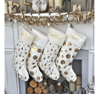 CHRISTMAS STOCKINGS Glam Dots Trees GOLD FOIL Ivory White Elegant Christmas Stockings - Personalized with Names in Holiday Metallic Embroidery  -  Modern Trendy