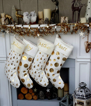 CHRISTMAS STOCKINGS Glam Dots Trees GOLD FOIL Ivory White Elegant Christmas Stockings - Personalized with Names in Holiday Metallic Embroidery  -  Modern Trendy