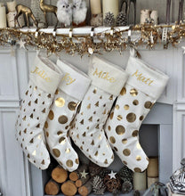 CHRISTMAS STOCKINGS Glam Dots Trees GOLD FOIL Ivory White Elegant Christmas Stockings - Personalized with Names in Holiday Metallic Embroidery  -  Modern Trendy