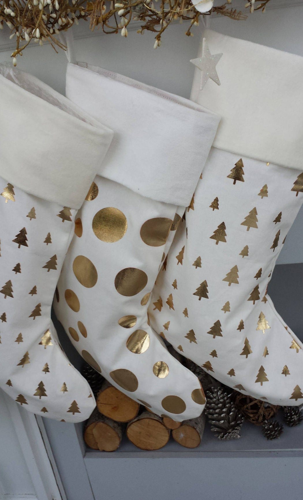 CHRISTMAS STOCKINGS Glam Dots Trees GOLD FOIL Ivory White Elegant Christmas Stockings - Personalized with Names in Holiday Metallic Embroidery  -  Modern Trendy